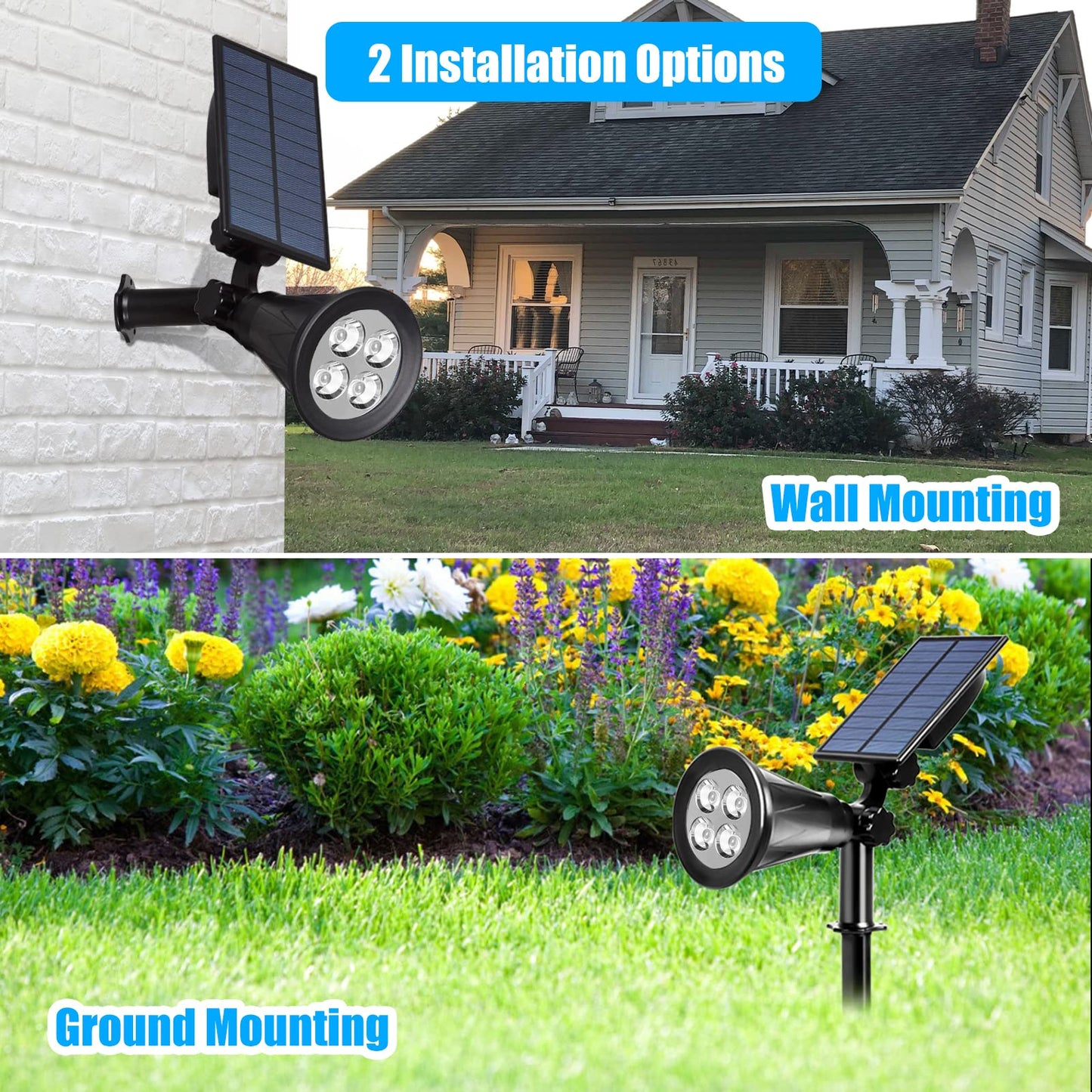 T-SUN 2 Pack LED Solar Spotlight, Waterproof Outdoor Security Garden Landscape Lamps, 180°Angle Adjustable,Daylight 6000K, Auto-on at Night/Auto-Off by Day for Tree, Yard,Lawn,Pathway