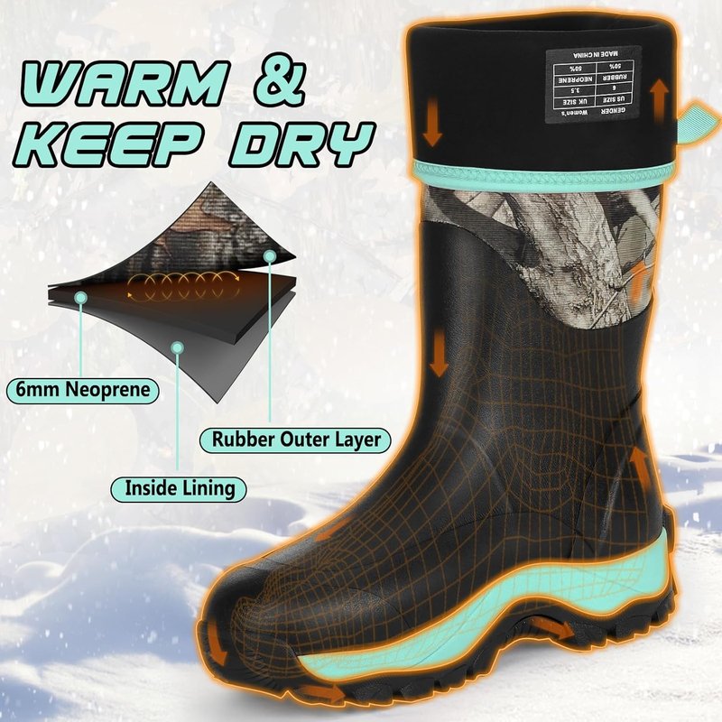 Kalkal Women's Insulated Waterproof Rubber Boots - 6mm Neoprene Camo Tall Rain Boots | Sizes 5-11