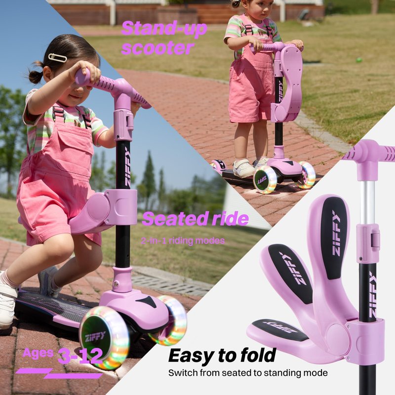 JOVA ZIFFY LED Light-up 3 Wheel Scooter, 2-in-1 Scooter for Kids, Anti-Slip Surface, Adjustable Height Handlebars and Foldable Seat, Toys for Kids Ages 3-12, Purple (Up to 110 Lbs)