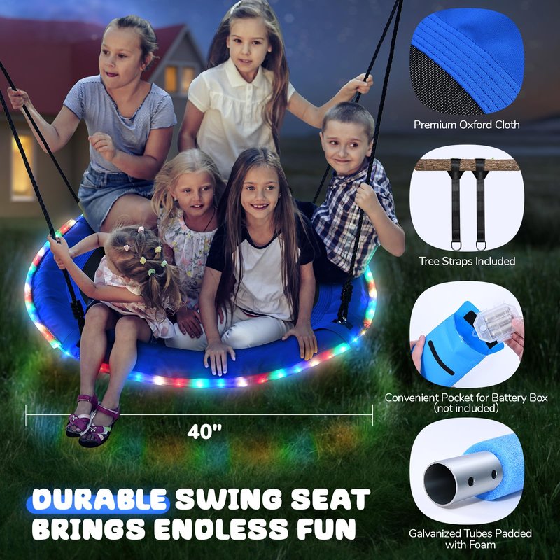 Trekassy 700lbs 40” Saucer Tree Swing with LED Lights for Kids Adults Outdoor 2 Tree Hanging Straps-Blue
