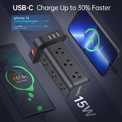 Extension Cord with Multiple Outlets, Surge Protector Power Strip Tower, 12 AC 4 USB，Surge Protector Tower 6.5FT Overload Protection for Home Office
