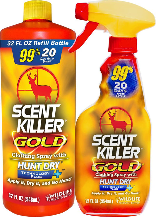 Wildlife Research Center Scent Killer Gold Spray & Refill (44 FL OZ) – Hunting Scent Eliminator with Hunt Dry Technology – Odor Prevention & Maximum Performance After Drying – Scent Control for Deer