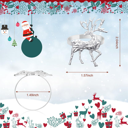 FKSWTV 6 Pack 3D Silver Reindeer Elk Napkin Rings Metal Holiday Fall Thanksgiving Christmas Halloween Wedding Home Table Decorations