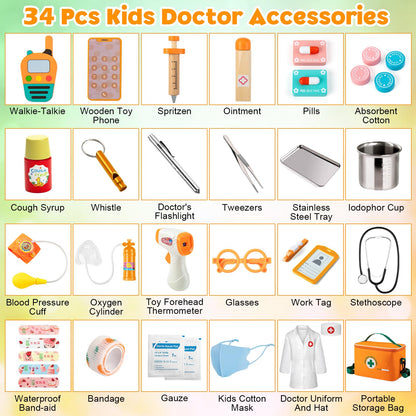 EFO SHM Doctors Set for Kids, Wooden 34-piece Kids Doctors Kit, with Real Stethoscope Portable Doctors Bag and Wooden Syringe, Role Play Toys for 3 4 5 6 Year Old Girls and Boys