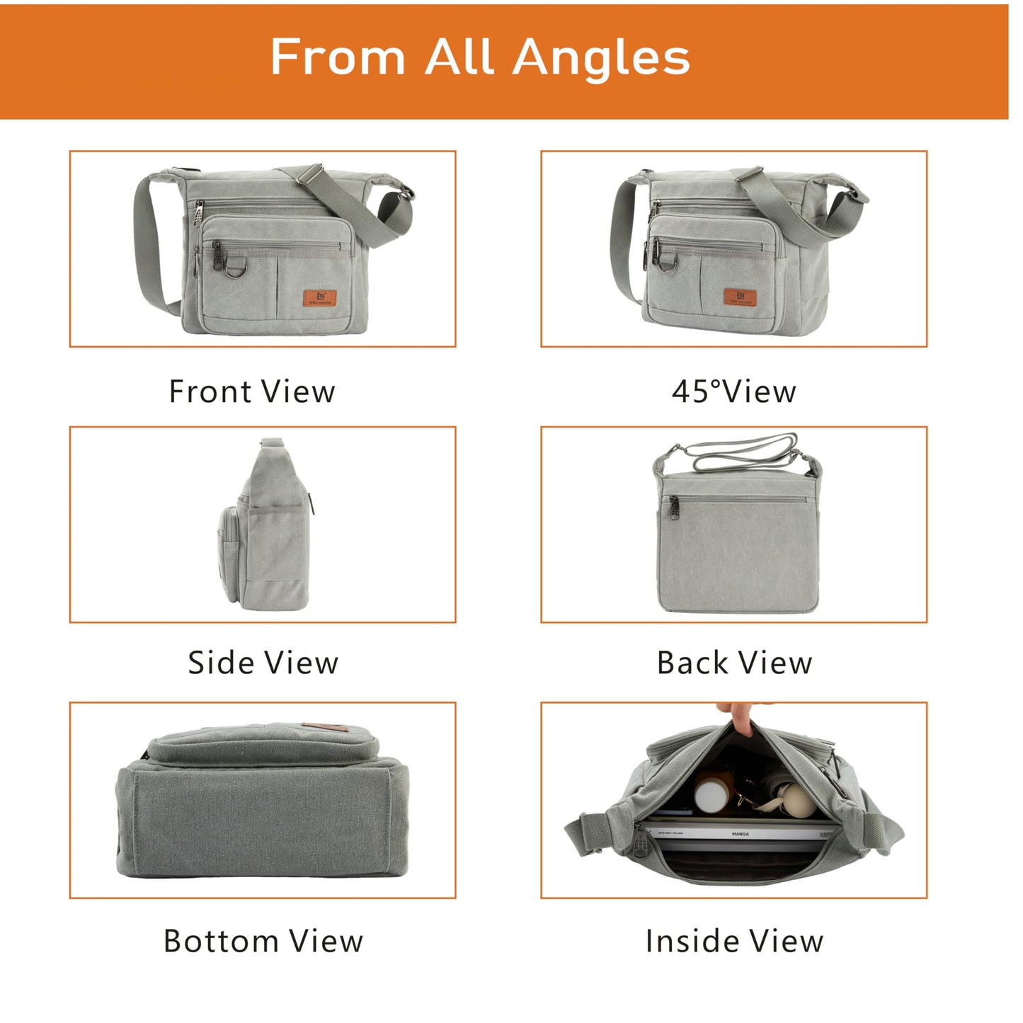 Anti-theft Crossbody Bag, Rfid Messenger Bag with Water Bottle Holders, 13 inch Shoulder Laptop Bag W/Built-in Wallet for Work, Travel, Tool, Commute, Camera, Grey