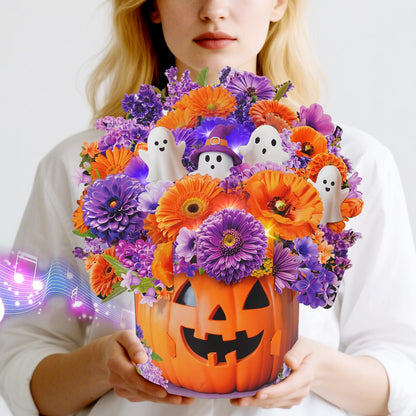 MZD8391 Halloween Cards with Music & Lights, Pop Up Halloween Decorations, Ghost & Dasiy, 10 Inch Life Sized Forever Flower Bouquet Gifts for Wife Mom Grandma Women Daughter