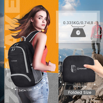 ZOMAKE Lightweight Foldable Backpack, Packable Rucksack 30L Folding Small Back Pack Foldaway Ultralight Daypack for Women Men Travel Hiking Walking (Black)