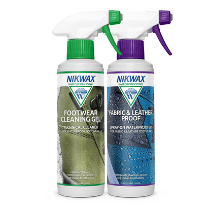 Nikwax FOOTWEAR CLEANING GEL Spray + FABRIC & LEATHER PROOF Spray Twin Pack, 2 x 300ml