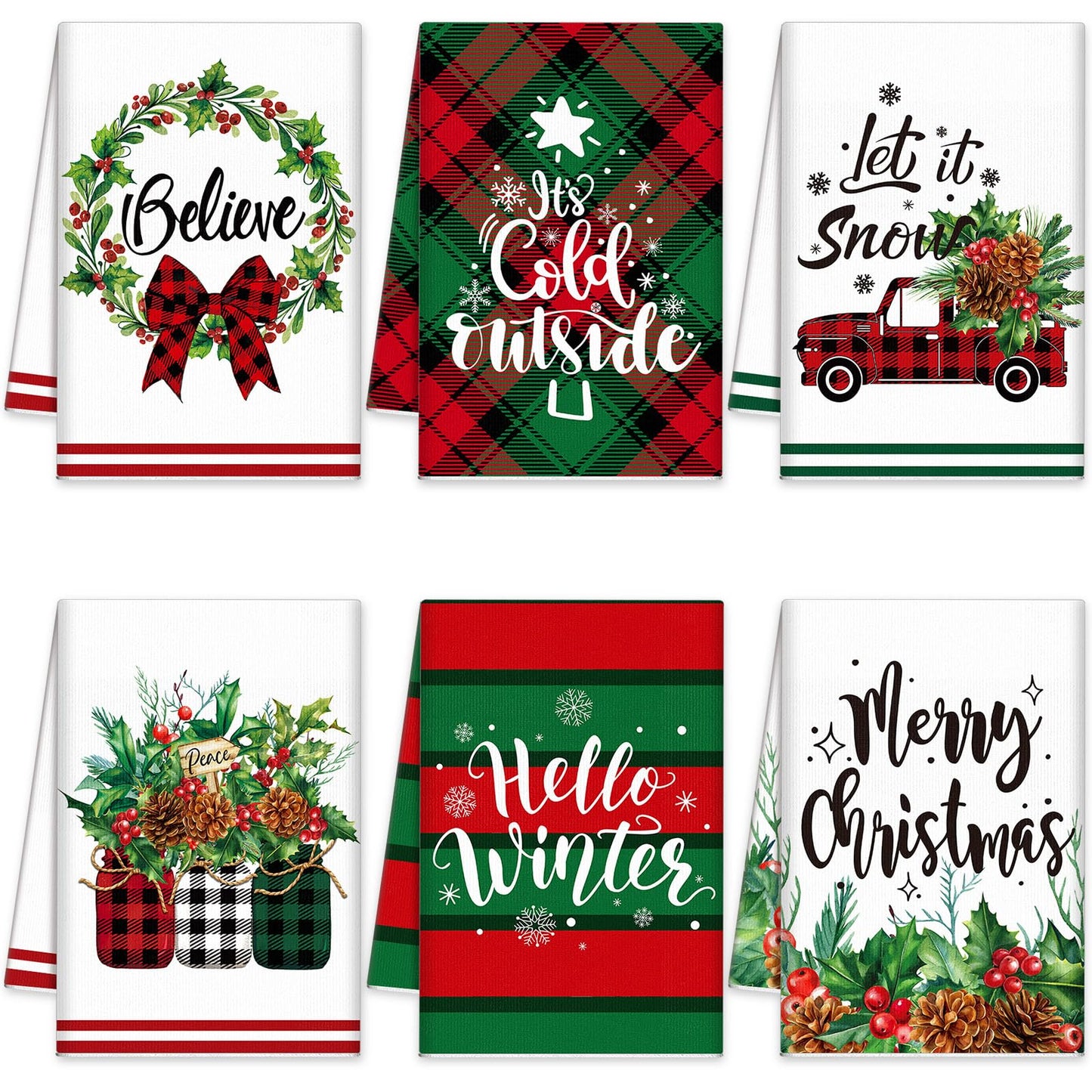Kajaia 6 Pcs Christmas Kitchen Towels 15.8 x 23.6 Inch Xmas Holly Berry Dish Towels Absorbent Farmhouse Red Buffalo Plaid Truck Hand Tea Dishcloths for Christmas Winter Holiday Decor