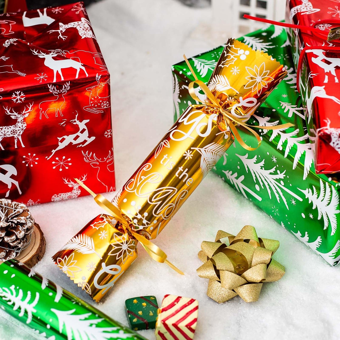 Merture 3 Rolls Christmas Wrapping Paper Set - 17 inch x 120 inch per Roll - Red, Green, Gold Metallic Gift Wrap With Reindeer, Christmas Tree, Snowflake, Dahlia Design