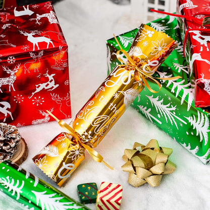 Merture 3 Rolls Christmas Wrapping Paper Set - 17 inch x 120 inch per Roll - Red, Green, Gold Metallic Gift Wrap With Reindeer, Christmas Tree, Snowflake, Dahlia Design