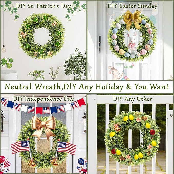 24 Inch Large Boxwoods Green Spring Artificial Wreath for Front Door, Year Round Spring Summer Winter Wreaths for Wall Window Porch Home Farmhouse Wedding Outdoor Outside Indoor Decorations
