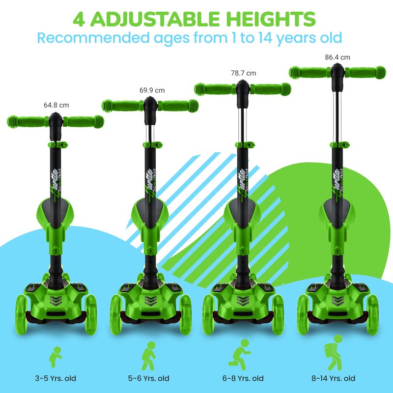 Hurtle 3 Wheeled Scooter for Kids - 2-in-1 Sit/Stand Child Toddlers Toy Kick Scooters w/ Flip-out Seat, Adjustable Height, Wide Deck, Flashing Wheel Lights, For Boys/Girls 1 Year Old+ (Green)