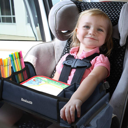 Becko US Children’s Travel Toy Tray Kids’ Car Seat Snack, Game Tray Activity Table for Stroller, Car, Airplane, Road Trip with Doodle Mat, Foldaway & Portable