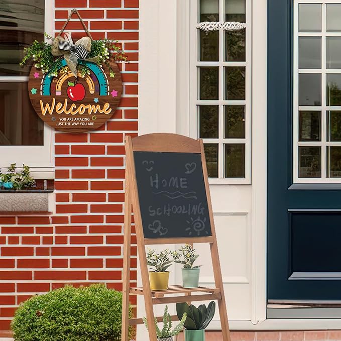 Teacher Classroom Door Sign Wooden Welcome Door Sign for Classroom Apple Star Flower Teacher Wreath for Classroom Door Rainbow Hanging Plaque Kids Classroom 12 inch