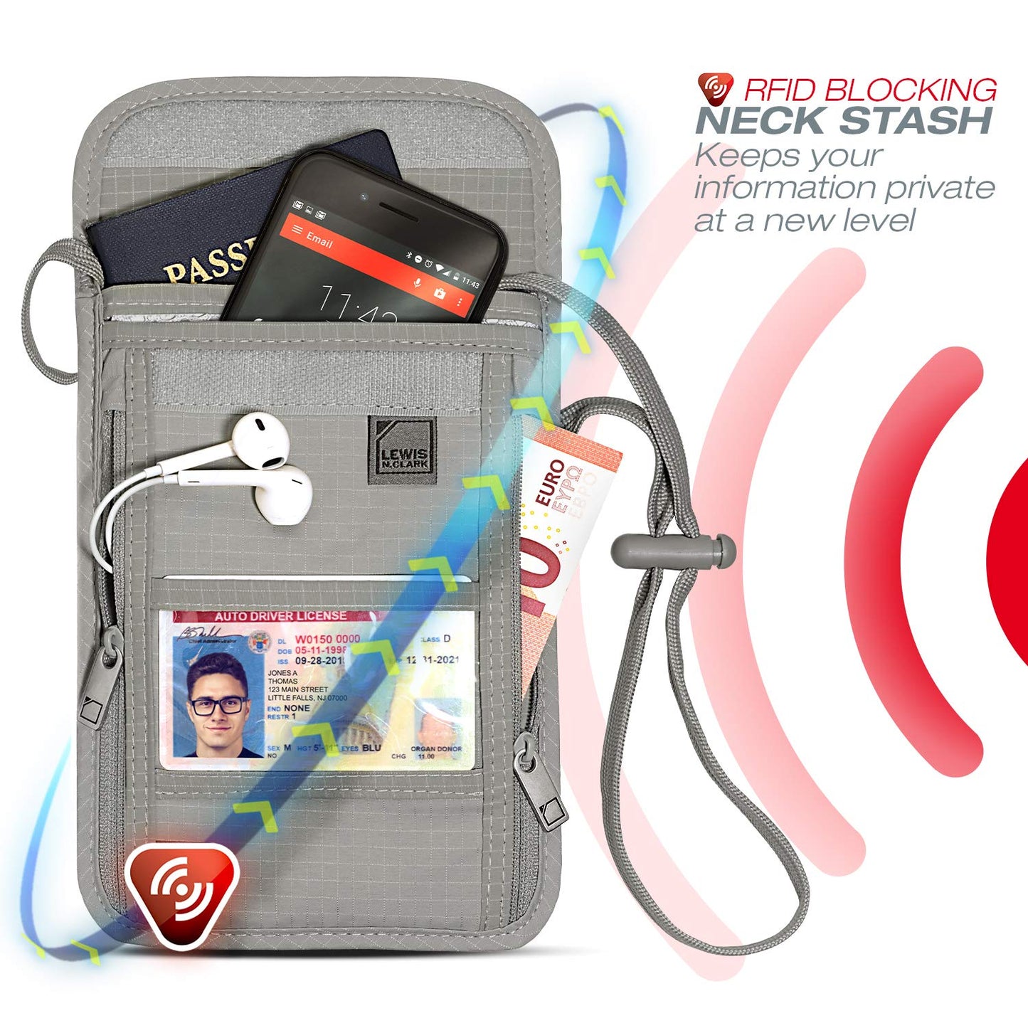 Lewis N. Clark RFID Blocking Stash Neck Wallet, Travel Pouch + Passport Holder for Women & Men, Gray, One Size