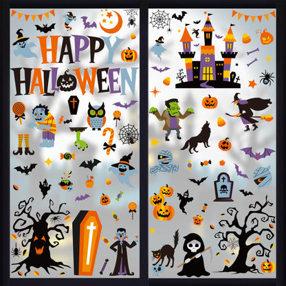 115PCS Halloween Window Clings, 9 Sheets Halloween Decorations, Cute Witch Tree Zombie Ghost Patterns PVC Window Stickers for Treat or Trick Party Favors Decal Supplies Decor Accessories