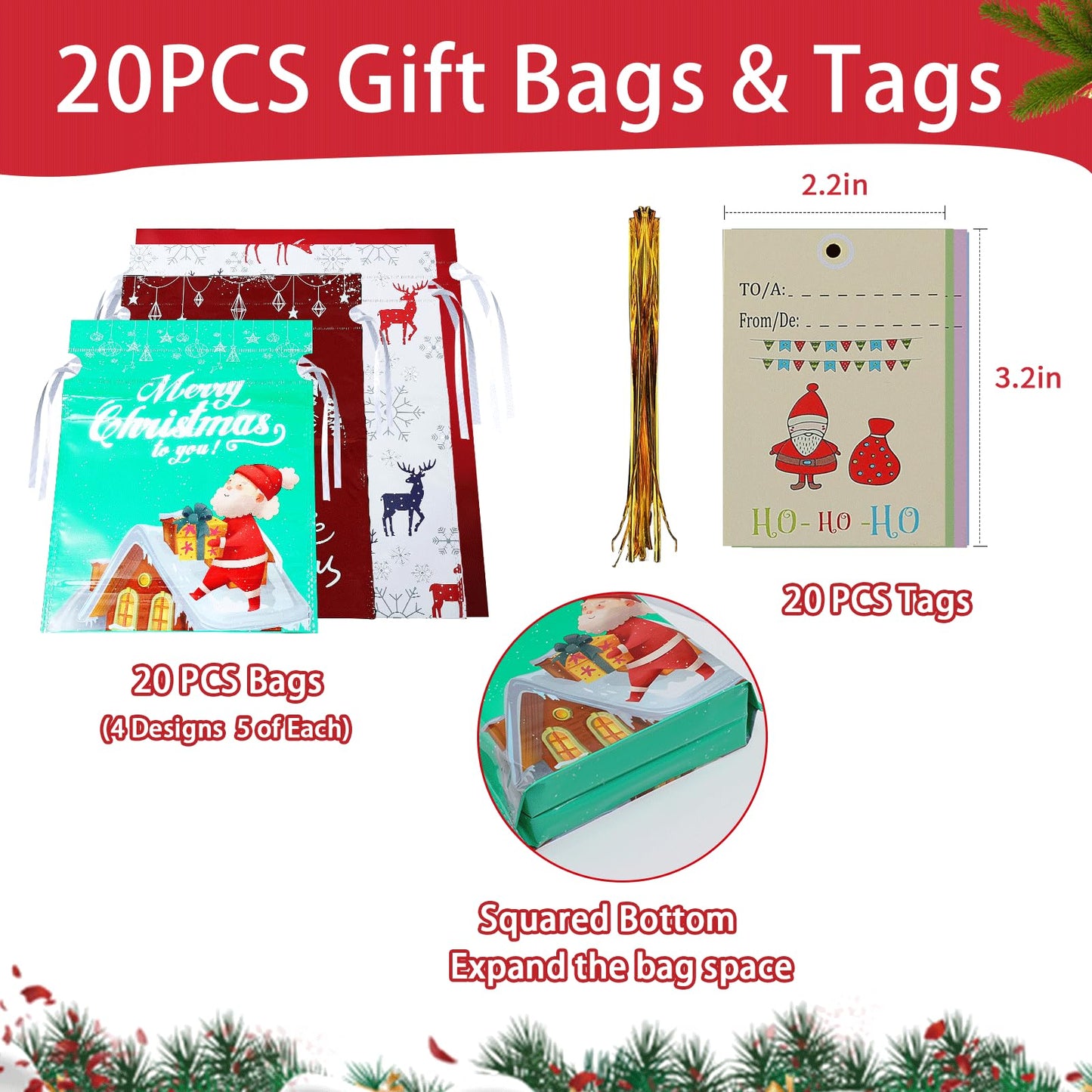 Yunaeduo Drawstring Christmas Gift Bags -20PCS Christmas Bags Assorted Sizes for Presents - Plastic Wrapping Bags Bulk - Xmas Gift Bags, 4 Designs (5 of Each) Extra Large/Big/Medium/Small Sizes