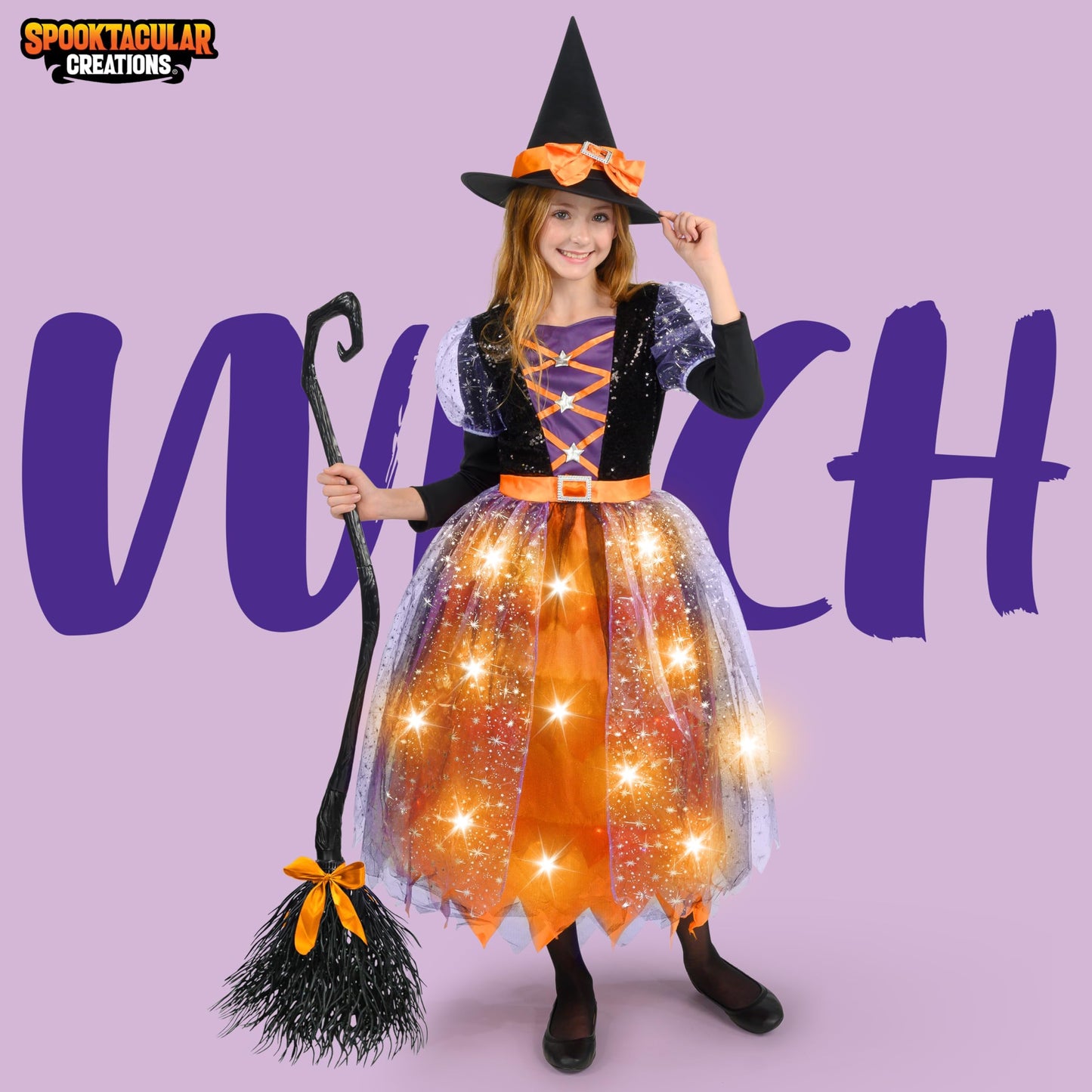 Spooktacular Creations Witch Costume Kids, Light Up Halloween Costumes Witch Dress with Hat and Broom for Girls, Sweet Wizard Set for Toddler Scary Halloween Themed Parties, Orange, L