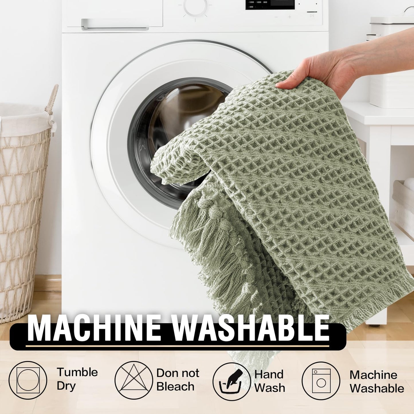 H.VERSAILTEX Waffle Bath Mat Super Absorbent Boho Bath Mat Non Slip Bath Rugs for Bathroom Floor Machine Washable Dry Fast Bathroom Rugs with Tassels (47 x 17 Plus 17 x 24 Inches, Sage)