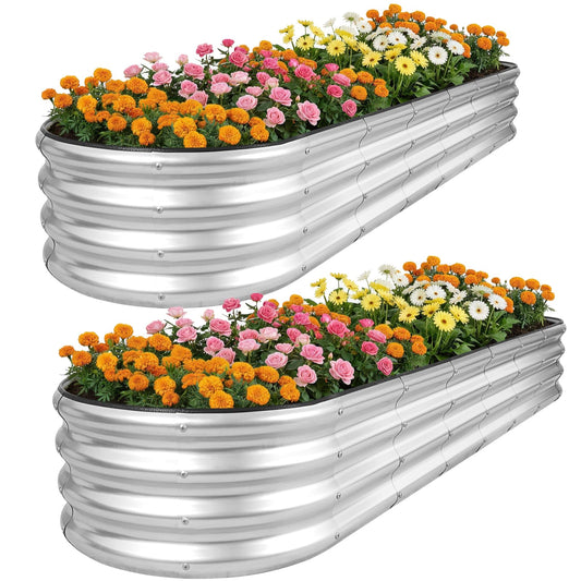 ZORMY Galvanized Raised Garden Bed 2 Pack, 8x2x1ft Oval Metal Planter Box Outdoor with Support Rods & Corner Protection, Planter Beds for Vegetables, Fruits, Flowers (Silver)