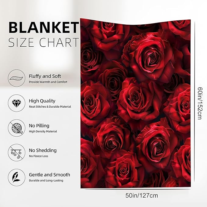 Throw Blanket, Valentine's Rose Blanket Floral Throw Blankets for Bed Kids Adults, Lightweight Cozy Blanket for Living Room, Bedroom 50"x60"