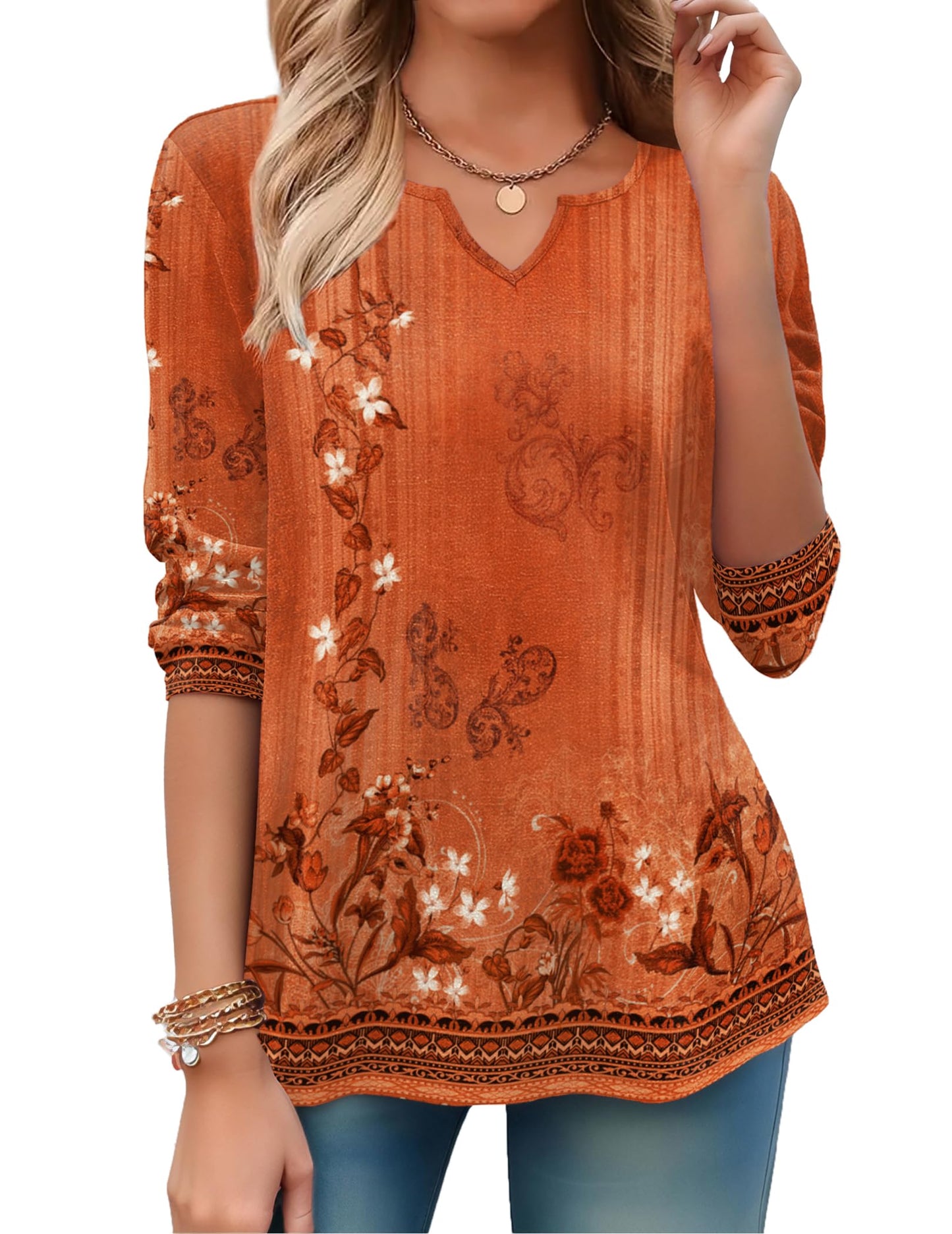 Zeagoo Boho Tops for Women Thanksgiving Long Sleeve Shirts V Neck Fall Casual Blouses Floral Printed Plus Size Tshirt XL
