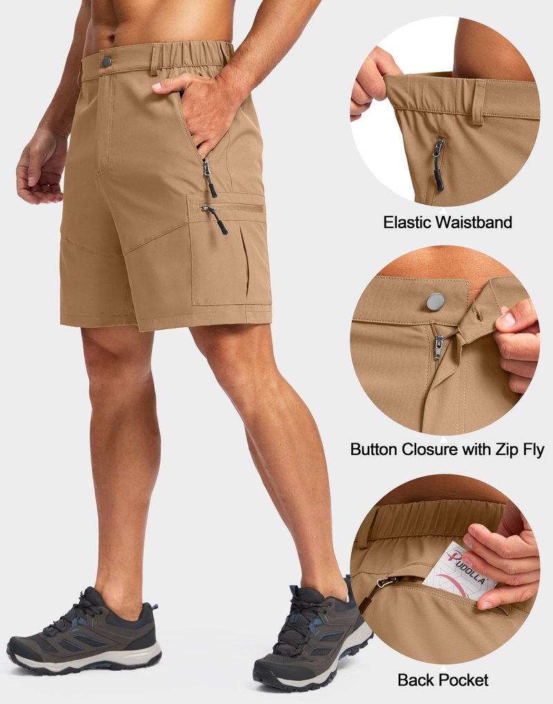 Pudolla Men's Hiking Cargo Shorts Lightweight 7" Travel Casual Shorts for Men Golf Work Outdoor with 5 Zipper Pockets(Dark Khaki Medium)