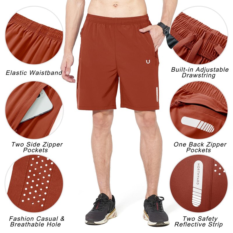 NORTHYARD Men's Athletic Running Shorts Gym Workout 7"/9"/5" Quick Dry Lightweight Sports Basketball Tennis 3 Zipper Pockets REDCLAY M