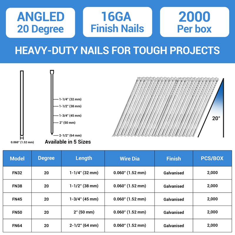 meite 16 Gauge 20 Degree Angled Finish Nails 1-1/4 Inch Leg Galvanized No-rust Finishing Nails for Finish Nailer Gun - Cabinet Crown Baseboard 4,000PCS