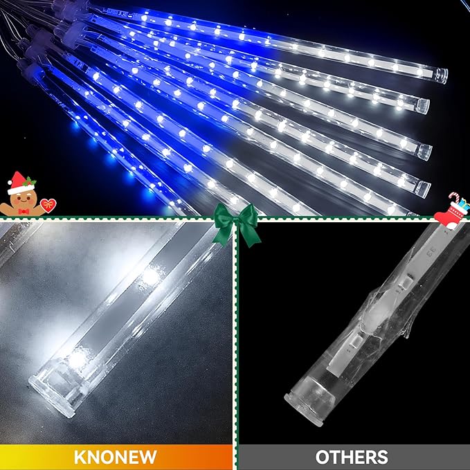KNONEW 40 Tubes 1120 LED Meteor Shower Lights Christmas Lights Outdoor Plug in Waterproof Falling Rain Light for Xmas Tree Wedding Party Garden Holiday Rooftop Decorations (Blue and Cool White)