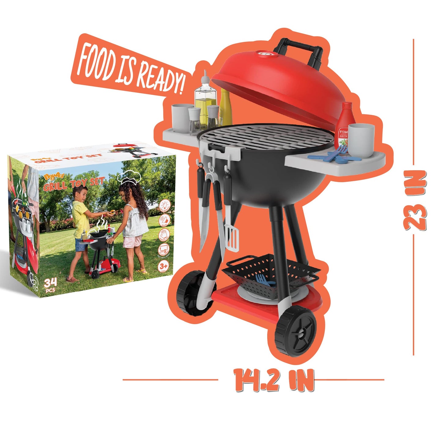 JOYIN 34 PCS Kitchen Toy Set, BBQ Play Grill, Cooking Toy Set, Little Chef Play, Kids Grill Playset Interactive BBQ for Kids with Light & Sound, Christmas Birthday Gift for Boys Girls