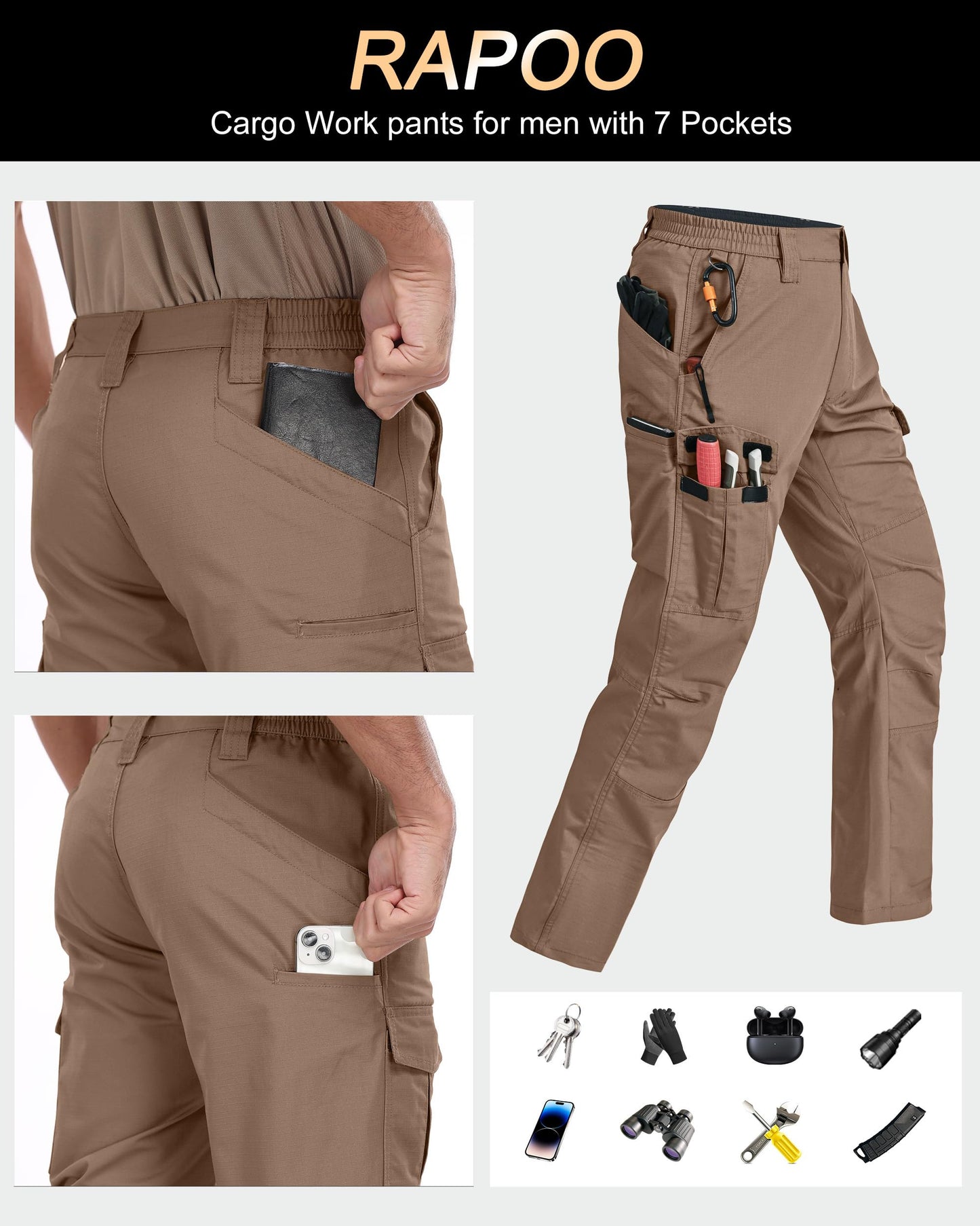 Rapoo Tactical Pants for Men Cargo Working Fishing Hiking Pants for Men with Pockets Mens Pants Brown 40Wx30L