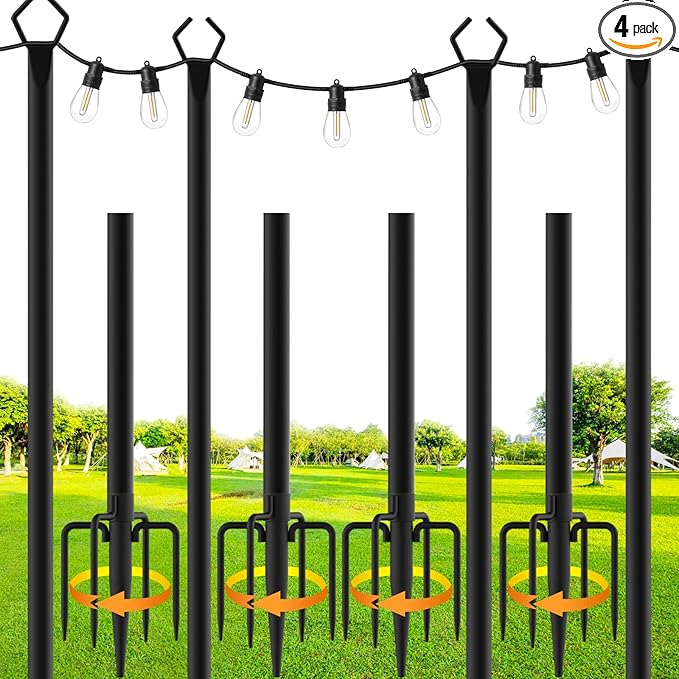 SINLEY 4 Pack String Light Poles,10 Ft Metal Poles with Fork for Outdoor String Lights,Outdoor Light Poles with Fork,Poles/Post/Stand for Outside,Patio,Deck,Backyard,Garden Wedding,Party (4 Pack)