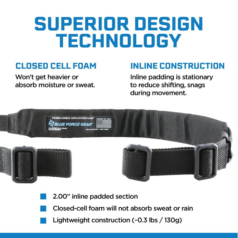 Blue Force Gear Vickers Padded Sling - 2-Point Tactical Rifle Sling - Nylon Hardware - Black