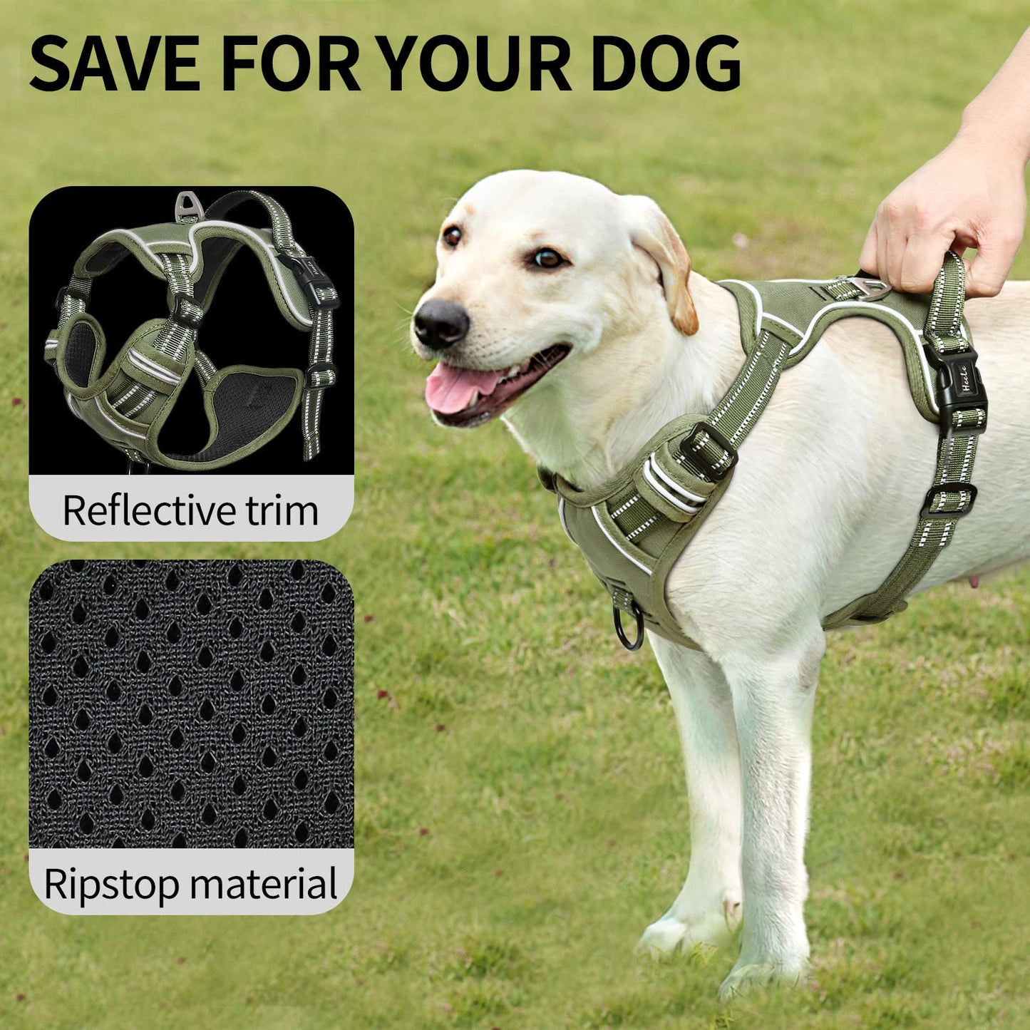HEELE Dog Harness, Reflective Dog Harness, with Padded Handle Control, 2 Metal Rings, Harness for Small Medium and Large Dogs, Army Green, M