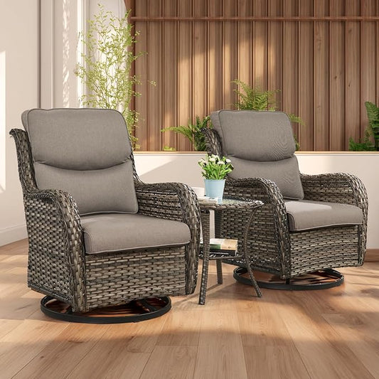Rilyson Wicker Rocking Chair Swivel Chairs - 3 Piece Rocker Patio Furniture Set Rattan Rocking Bistro Sets with Glass Top Side Table for Outdoor Porch Deck Garden Backyard (Mixed Grey/Grey/Smile)