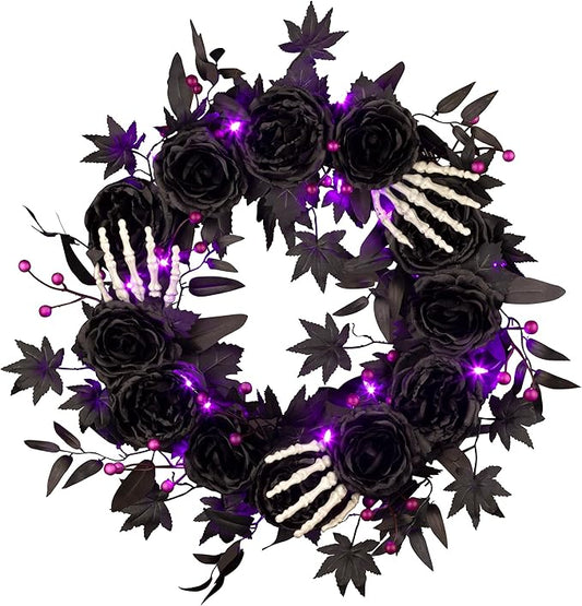 National Tree Company, 24inch Artificial Bad to The Bone Halloween Wreath, 30 Purple LED Lights,