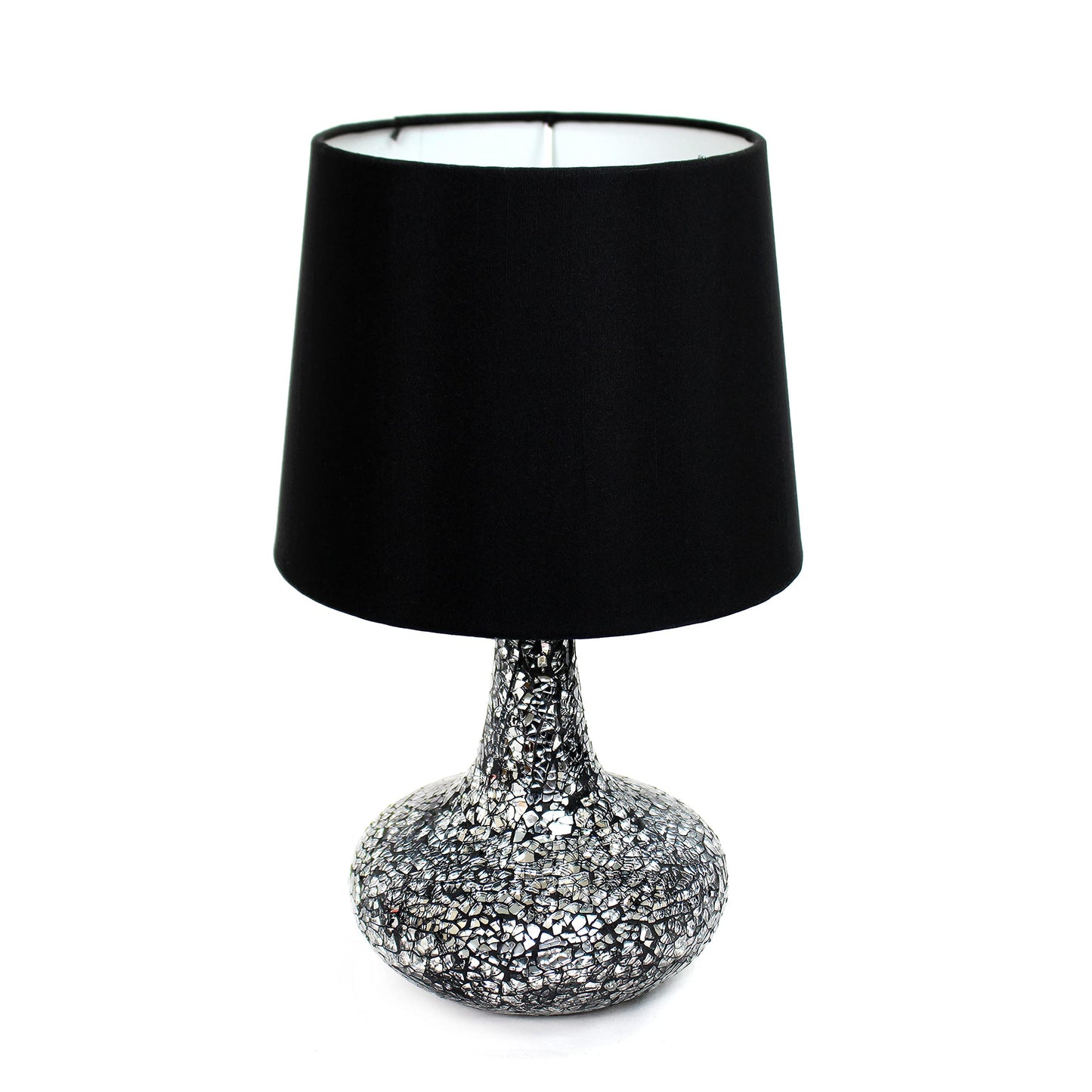 Simple Designs LT3039-BLK 14.17” Contemporary Mosaic Tiled Glass Genie Standard Table Lamp with Matching Fabric Shade for Home Décor, Bedroom, Living Room, Foyer, Office, Black/Silver