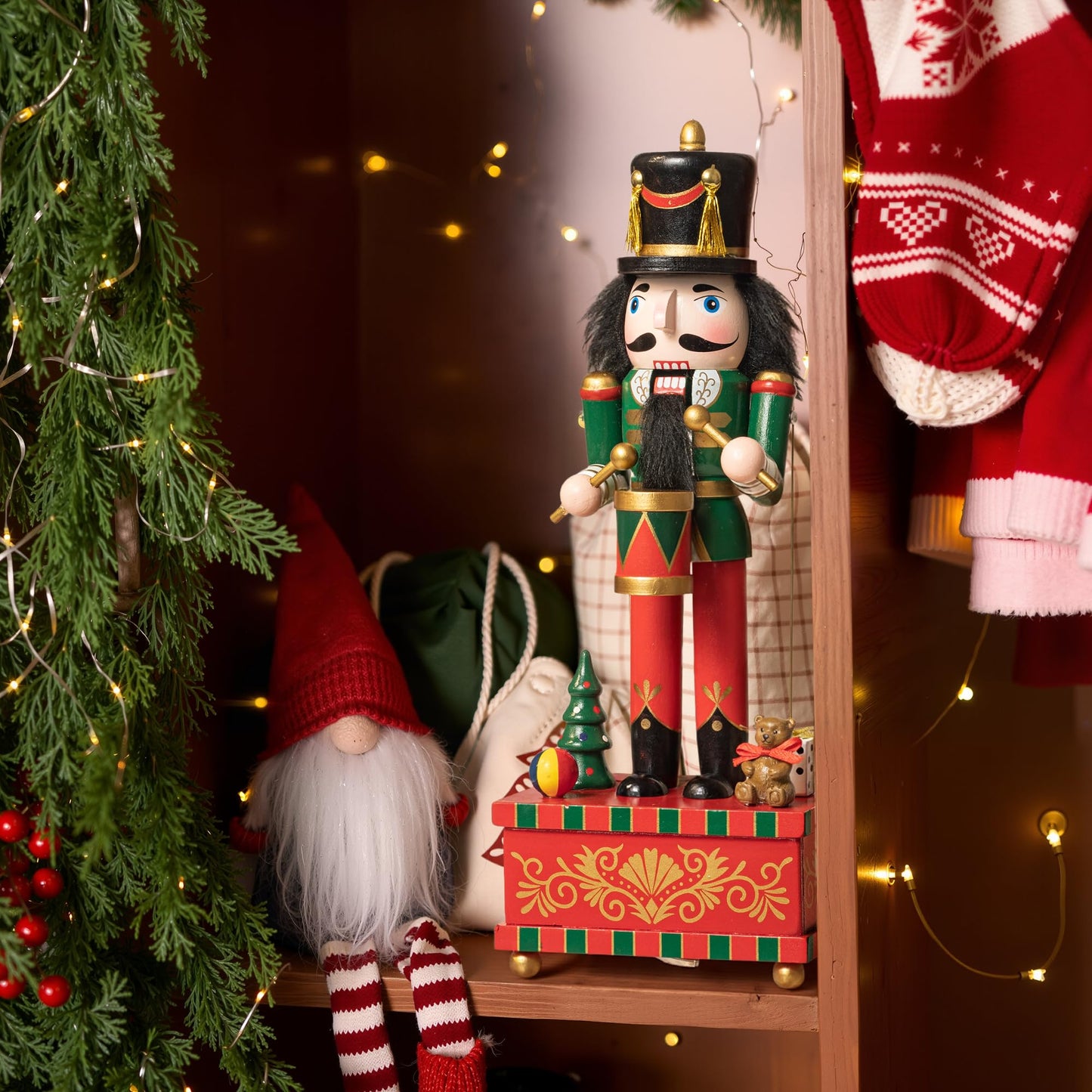KI Store Christmas Nutcracker Green Music Box Wooden Drummer Soldier Nutcracker Figurine for Christmas Decorations Display Gift Collection