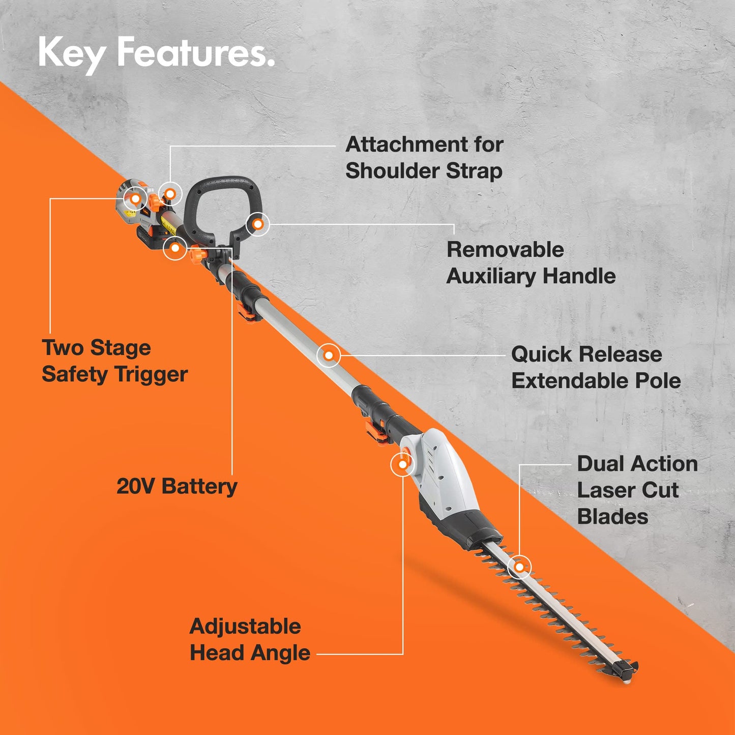 VonHaus Pole Hedge Trimmer Cordless – Long Reach Telescopic Extendable Cutter for Hedges, Bushes, Branches, Shrubs – 20V Battery, Charger, Shoulder Strap, 135° Adjustable Head, Dual Action Blades