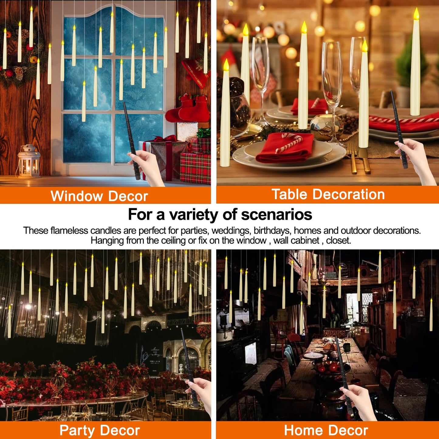 20 Pack Halloween Decorations Floating Candles with Wand,Magic Flameless Candles Flickering Warm Light LED Taper Candles Hanging for Harry Potter Christmas Witch Wizard Wedding Birthday Party Décor