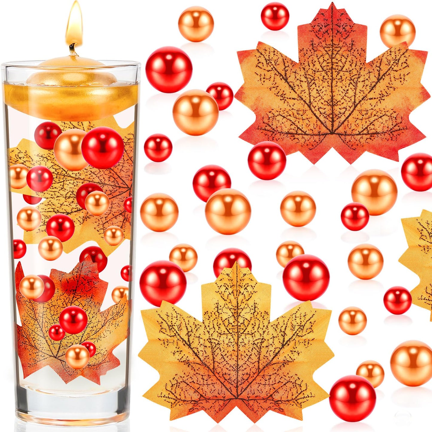 Jetec 116 Pcs Thanksgiving Vase Fillers Faux Pearl for Vase Filler Floating Candle Centerpieces Fall Pearl for Thanksgiving Home Table Party Decoration, Not Included Clear Beads(Maple Leaves Style)