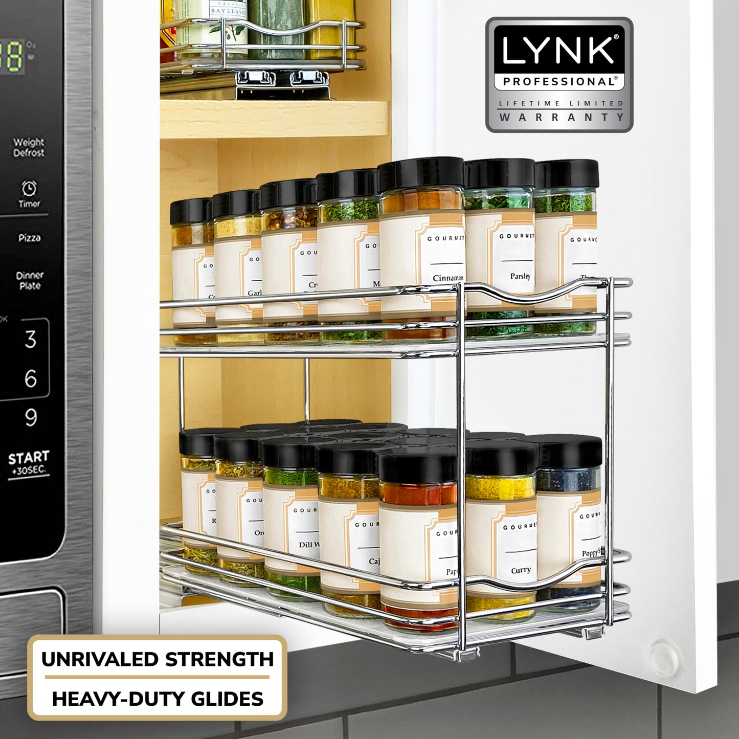 LYNK PROFESSIONAL® Pull Out Spice Rack Organizer for Inside Kitchen Cabinets - 4-1/4 inch Wide - Slide Out Drawer – Chrome Sliding Spice Cabinet Organization Shelf Racks - 2 Tier