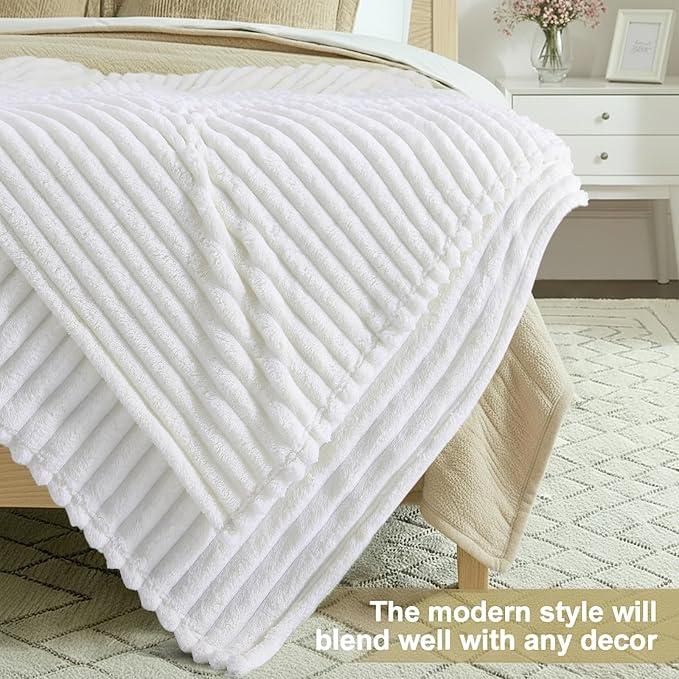 decorUhome Soft Fleece White Blanket King Size for Bed, Cozy Fluffy Plush Flannel Large Striped Throws for Couch Sofa, Lightweight Decorative Fuzzy Blanket for Woman, 108x90 Inches