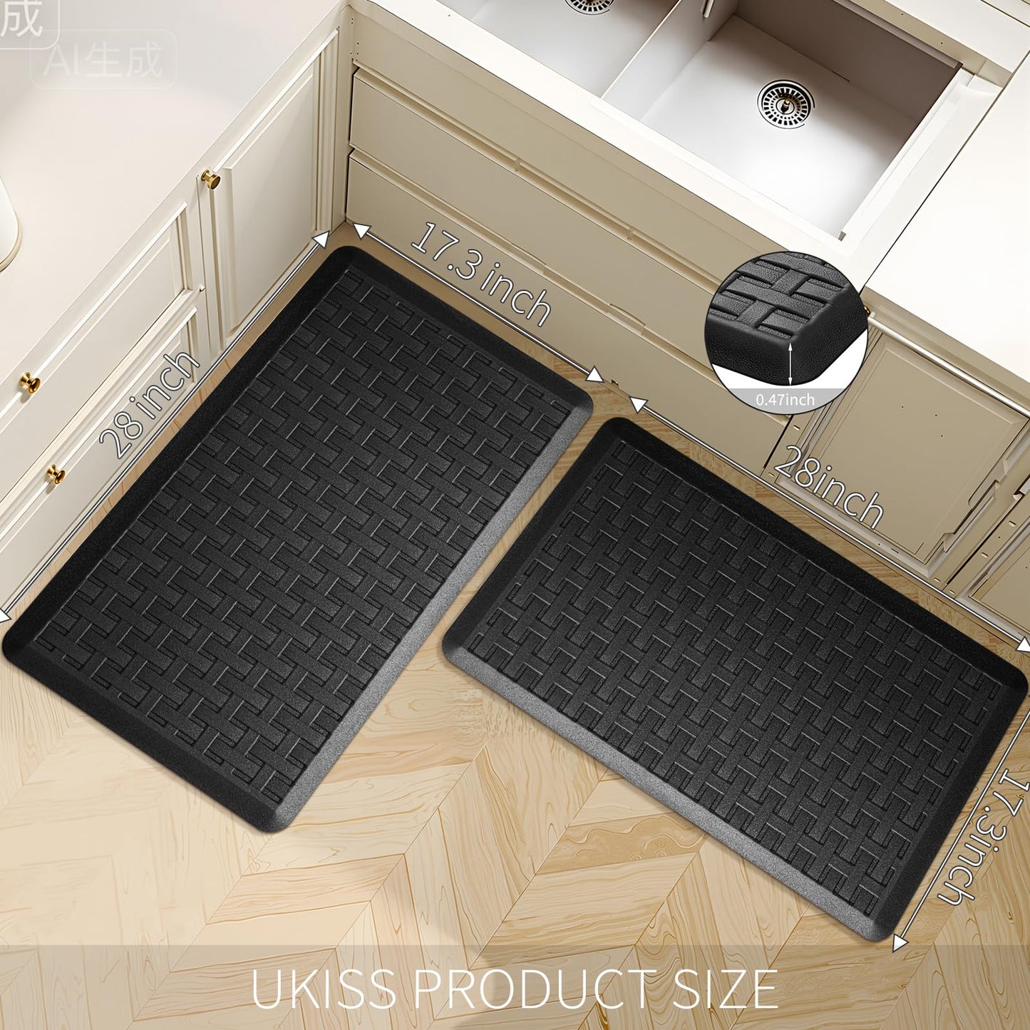 UKISS 2PCS Kitchen Rugs, Cushioned Anti Fatigue Kitchen Mats for Floor, Waterproof Kitchen Rug，Non-Slip Comfort Standing Mat for Kitchen (Black, 17.3"x28"+17.3"x28")