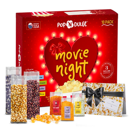 Valentines Day Gifts Movie Night Popcorn Gift Set, Valentines Day Gifts For Her Him, 10 Piece Set, 5 Gourmet Popcorn Kernels and 5 Popcorn Seasoning Flavoring, Kosher, Non-GMO Romantic Movie Night Gift Baskets Idea