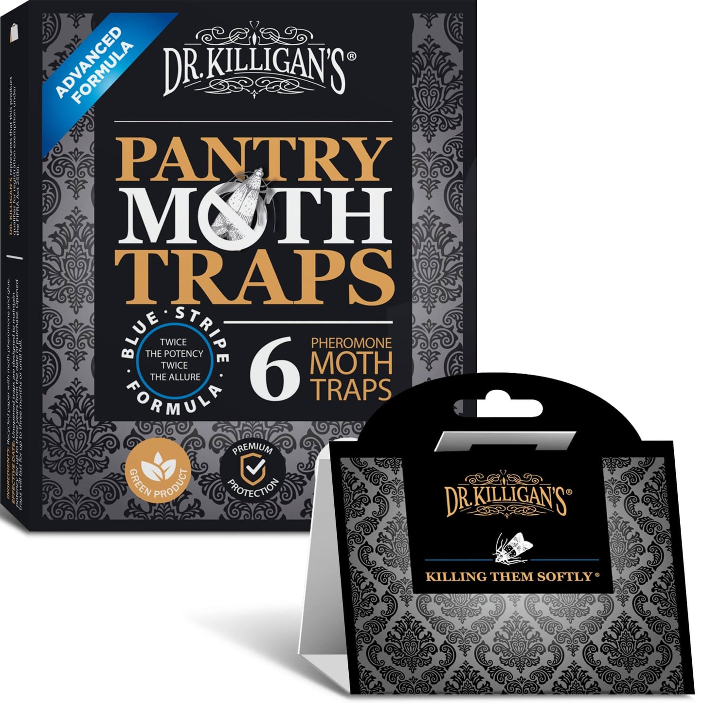 Dr. Killigan's Premium Double Potent Pantry Moth Traps with Pheromones Prime, Sticky Indian Meal Moth Traps for Kitchen, How to Get Rid of Moths in House, Organic Moth Pheromone Traps (6 Pack, Black)