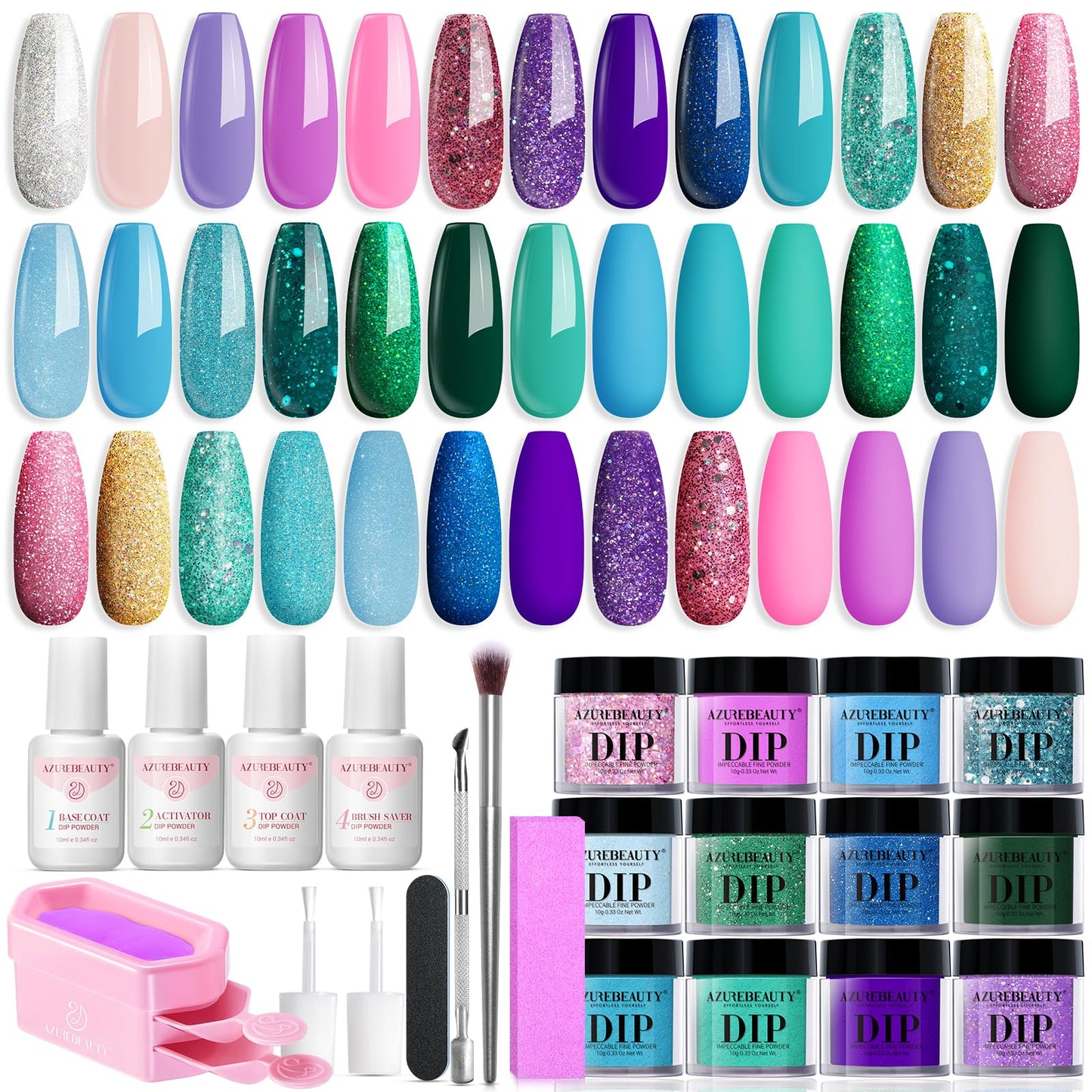AZUREBEAUTY 31 Pcs Dip Powder Nail Kit 20 Colors Glitter Nude Brown Pink White Gray Dip Powder Liquid Set with Top/Base Coat Activator for French Nails Art Manicure DIY Salon Women Valentine's Gift