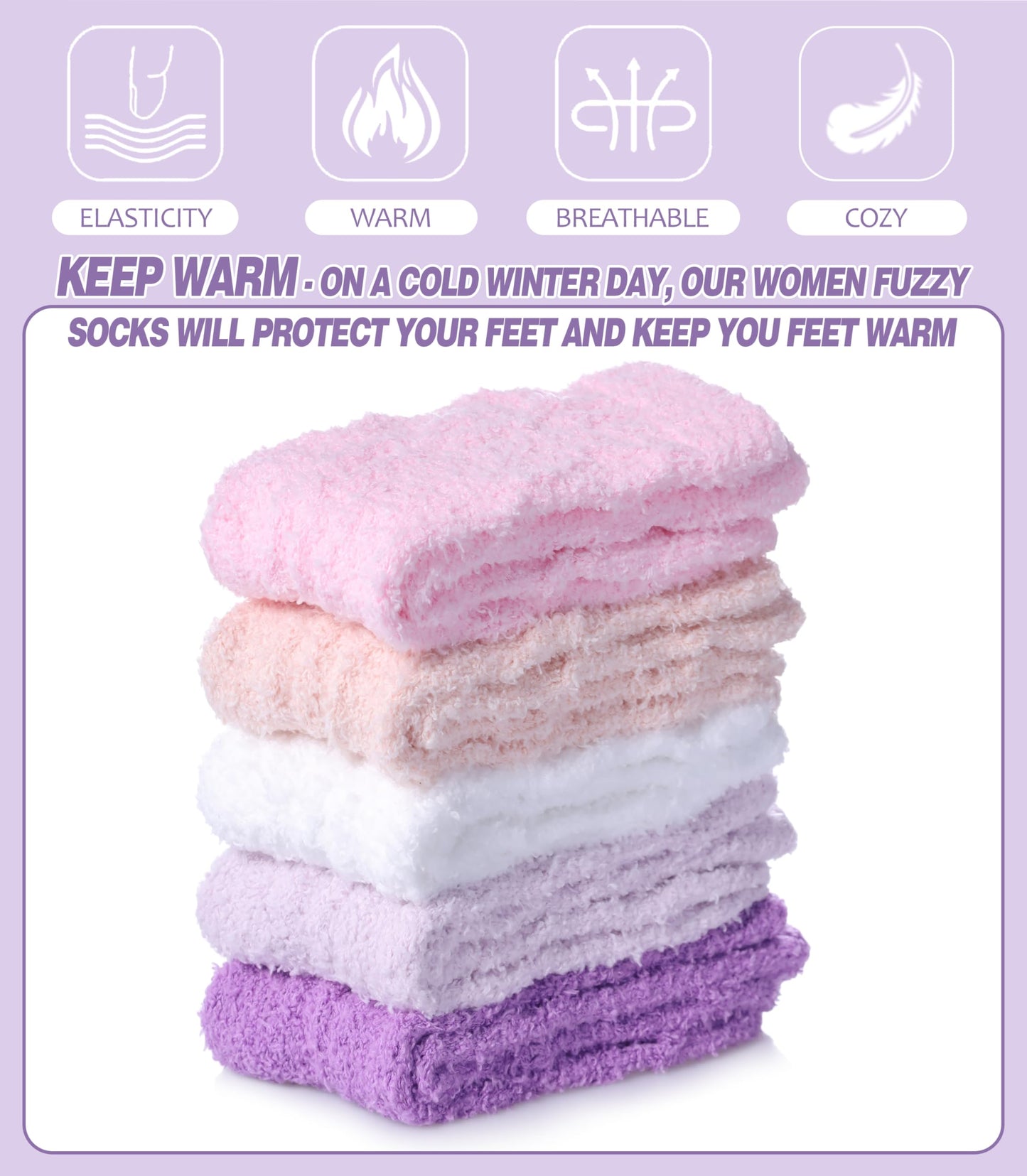 NOCIN COLOR Womens Fuzzy Socks Cozy Fluffy Slipper Soft Winter Warm Home Sleeping Christmas Socks（5 Pairs Solid Color D）